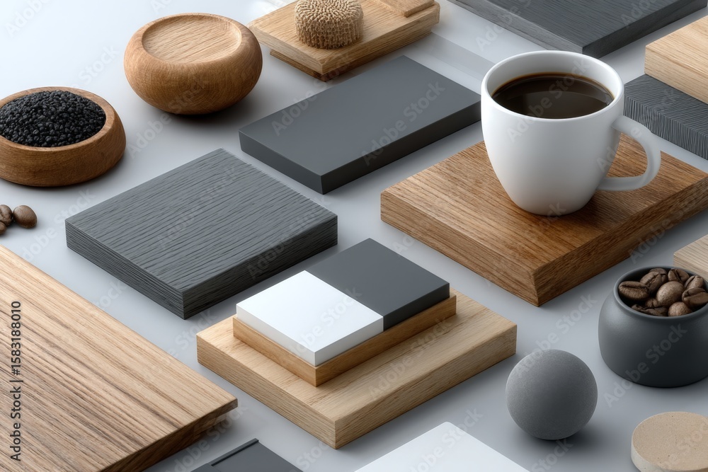 Poster design elements arranged in a harmonious layout featuring various textures and a coffee cup in a mod