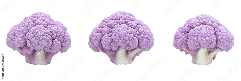 Poster purple cauliflower heads displayed in three variations showcasing unique textures and shapes, isolat