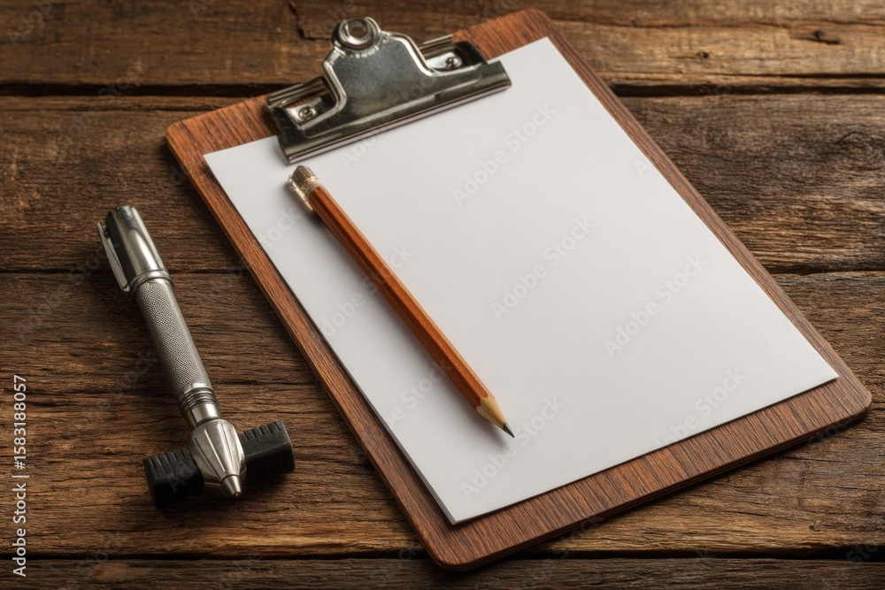 Poster blank notepad with pencil and clipboard placed on rustic wooden table ready for notes or sketches