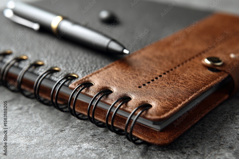 Poster leather-bound notebook with spiral binding and pen placed on textured stone surface for writing and 