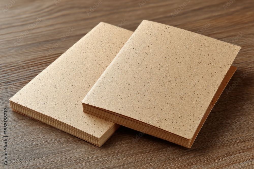 Poster blank notebooks resting on a wooden table ready for notes and sketches in a creative workspace setti