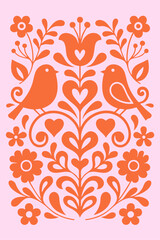 Two orange birds with hearts and flowers in folk decorative design.