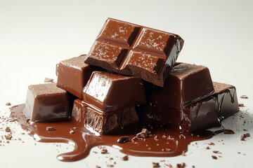 Chocolate chunks melting, forming rich brown puddle against pristine white surface, highlighting confectionery textures
