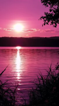Anime Style Pink Sunset Reflections on Calm Lake with Silhouette Trees Manga Vibes