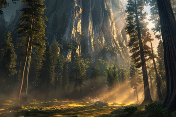 Golden sunlight filtering through the dense forest at the base of a towering mountain, casting long shadows and illuminating the morning mist