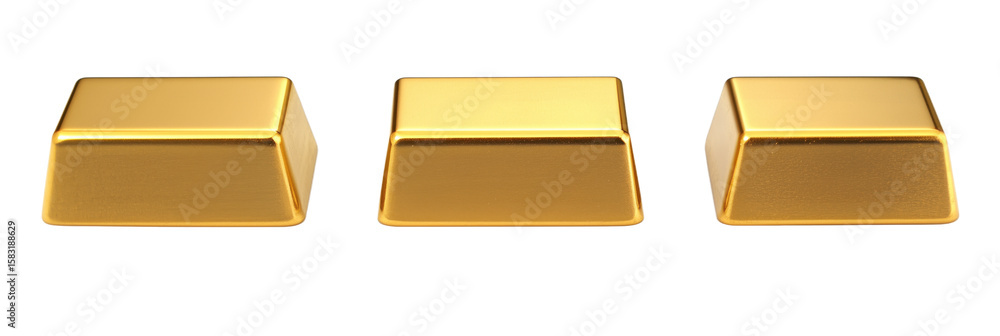 Poster three shiny gold bars arranged in a row on a white background, isolated on transparent background