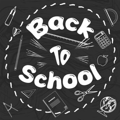 Back to school background with school supplies. Black and white banner with lettering. Vector illustration.