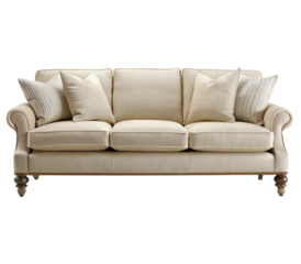 Photo of a classic beige sofa with striped cushions is isolated on transparent background
