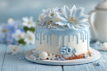 Elegant blue and white birthday cake decorated with flowers for a 50th celebration on a rustic table