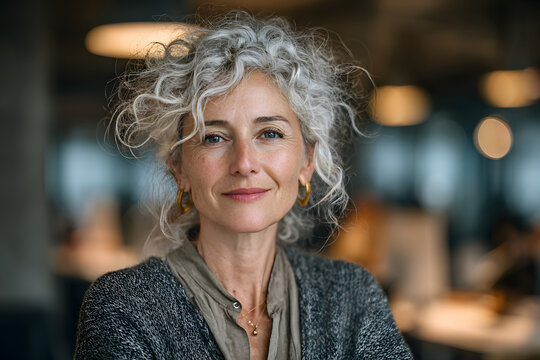 Happy elegant older mature lady posing for portrait standing in office. Beautiful middle aged business woman looking at camera, smiling 45 years old businesswoman leader executive at work.