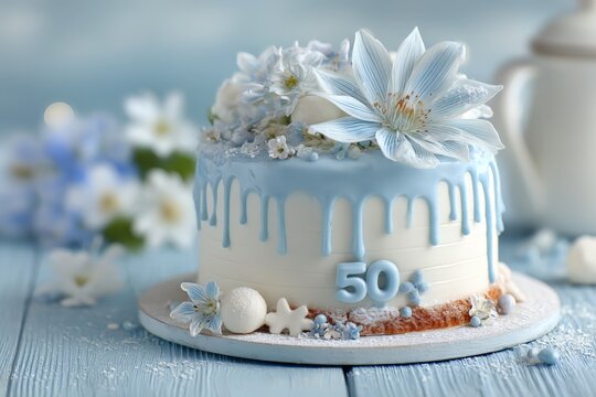 Elegant blue and white birthday cake decorated with flowers for a 50th celebration on a rustic table