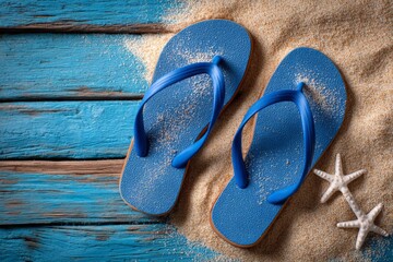 Bright blue flip flops resting on sandy shore with starfish on wooden background near ocean coast