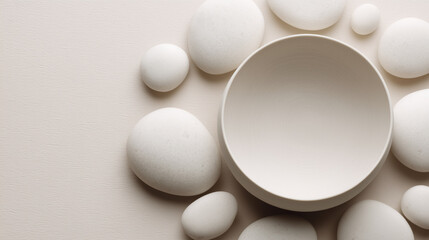 Minimalist spa concept with smooth white pebbles arranged around round ceramic bowl on pale textured background, evoking calm and serene atmosphere