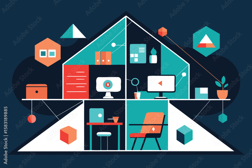 Poster abstract geometric representation of a modern home office featuring computer workspace and creative 
