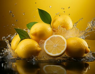 lemons freshly harvested against a yellow background with a splash