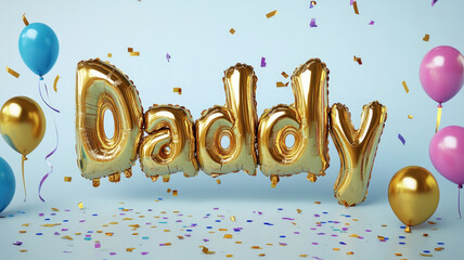 Balloons with golden letters "Papa" surrounded by festive confetti and colorful balloons celebrating fatherly love. Father's Day.