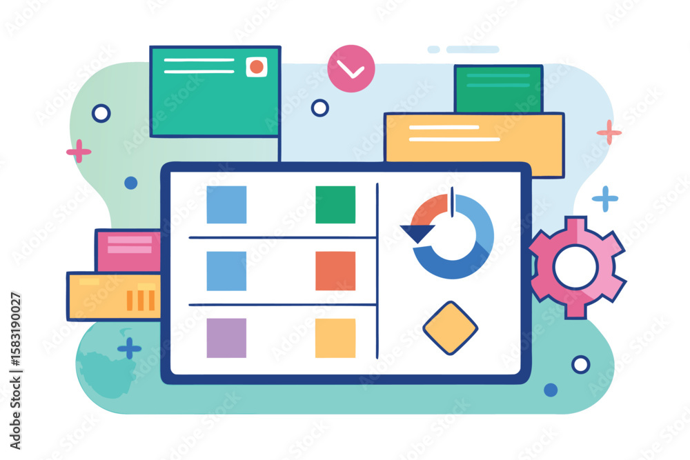 Poster abstract illustration depicting data analysis and business process management with charts and workfl