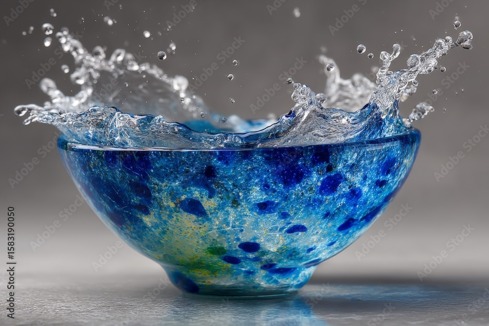 Poster water splashes dramatically from a colorful glass bowl creating dynamic patterns on a neutral backgr
