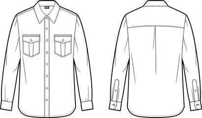 CAD drawing flat vector illustration, classic button-up shirt design, front and back view, fashion apparel sketch, garment technical template