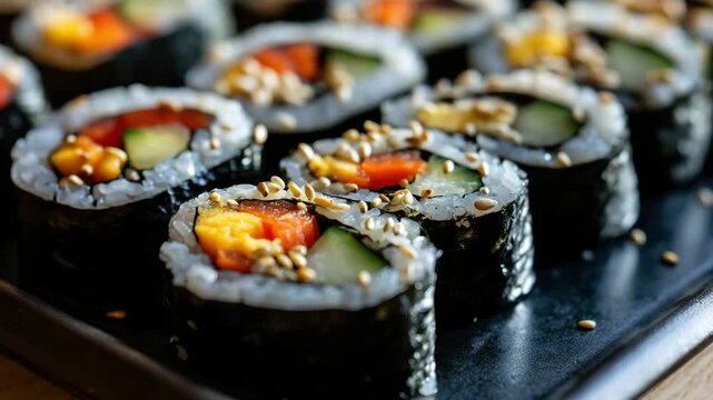 Close up of maki sushi rolls featuring vegetables seaweed rice and sesame seeds presented on a dark textured surface