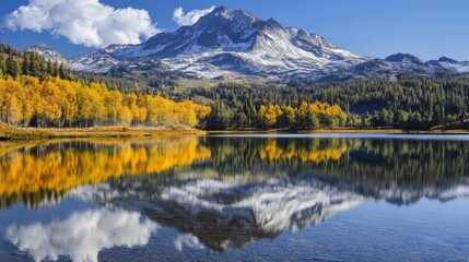 A picturesque mountain lake with a perfect reflection in clear waters