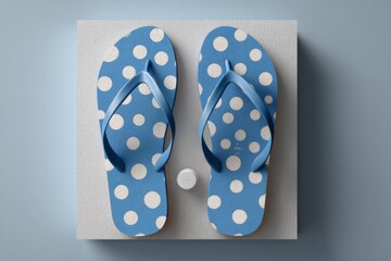 Light blue flip flops with white polka dots displayed on a textured surface in a minimalist style
