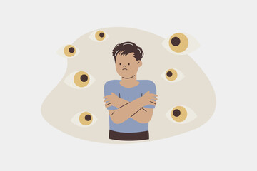 Person Experiencing Paranoia and Fear from Watchful Eyes Illustration