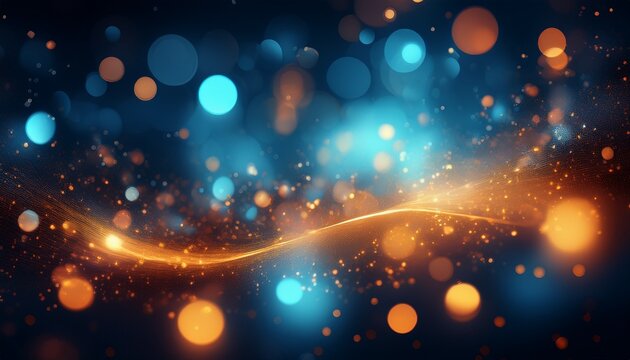 glowing abstract background with blue and orange bokeh light particles