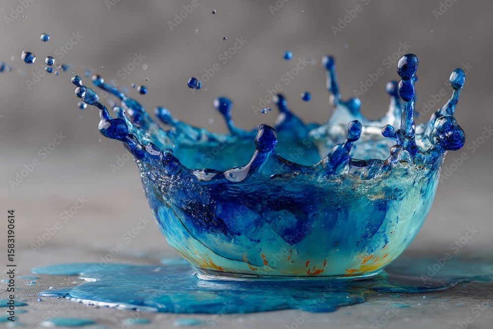 Poster water splashes create dynamic patterns in a bowl filled with blue liquid on a textured surface