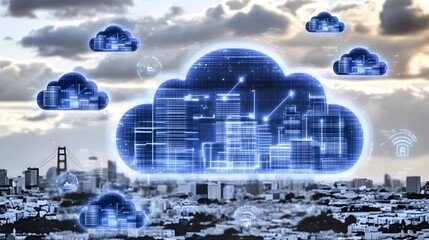 Digital cloud computing network over cityscape.