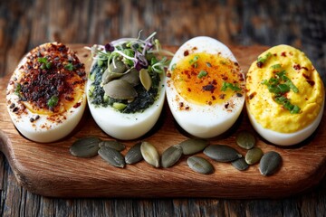 Delicious variety of gourmet deviled eggs served on a wooden platter with seeds and sprouts