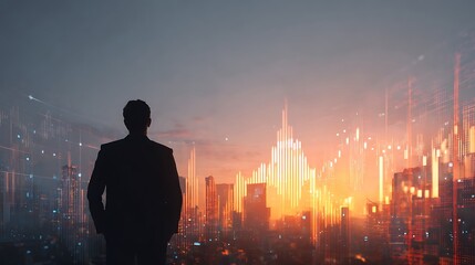 Businessman looking at glowing financial data overlay on a city skyline at sunset