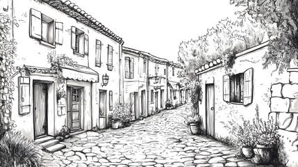 Hand-drawn illustration of a quaint European alleyway.
