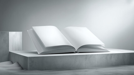 Blank Open Book Displayed on Minimalist Platform with Soft Gradient Lighting