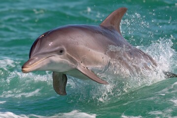 Fototapeta premium Dolphin leaps gracefully through turquoise waters during sunny afternoon near coastal shoreline