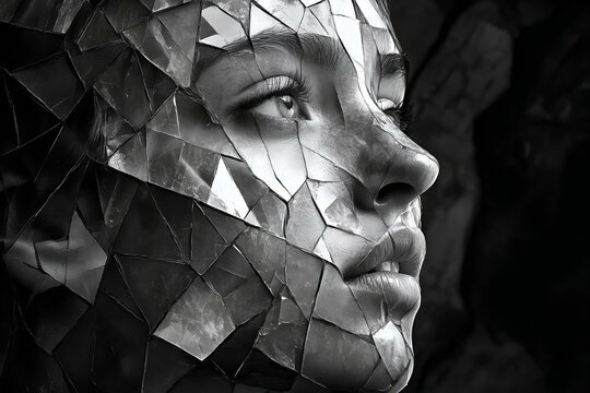 grayscale portrait of person dissolving into fragments, symbolic expression of dissociation and inner turmoil.