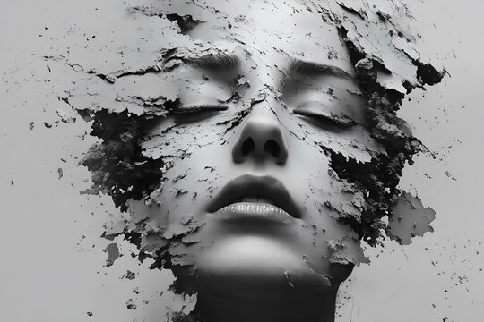 grayscale portrait of person dissolving into fragments, symbolic expression of dissociation and inner turmoil.