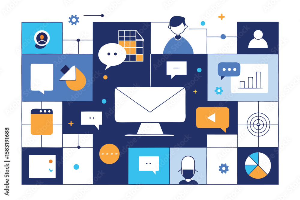 Poster digital communication icons and business elements arranged in a geometric grid style illustrative ve