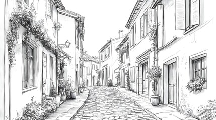 Detailed pencil sketch of a quaint European alleyway.