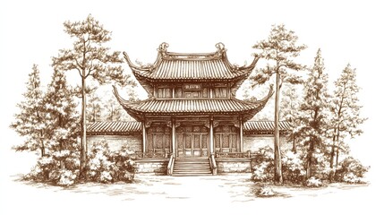 Detailed sketch of an asian temple.