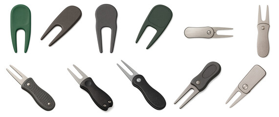 Set of foldable divot repair tools with ergonomic handles and dual prongs for golf green maintenance; includes plastic and metal versions for easy storage and on-course convenience