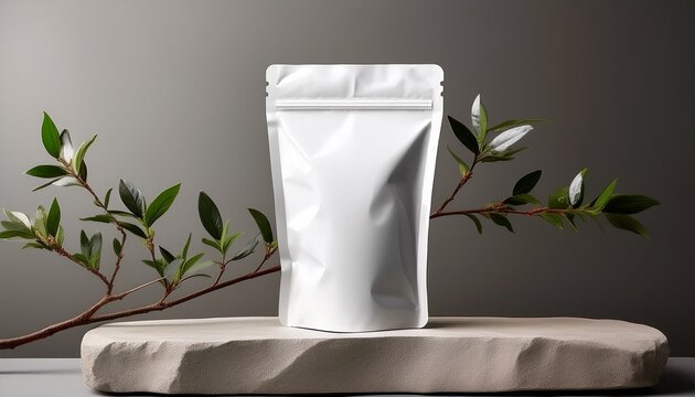 photo of a white mylar stand up pouch on top of an empty stone podium with a branch next to it against a muted background the mock up has no text or graphics and is designed for branding