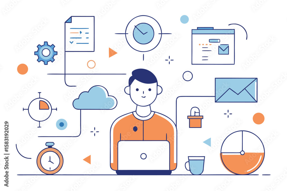 Poster freelance professional working on laptop in an office environment with task management workflow conc