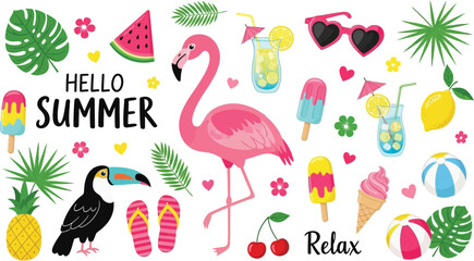 Bright summer collection featuring flamingo, cocktail, and tropical elements