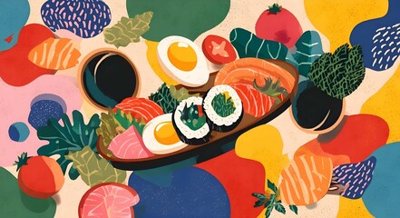 abstract colorful background with egg shusi and vegetables