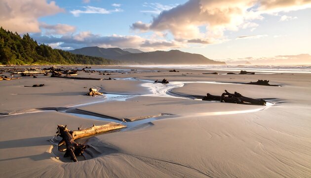 Beach at Sunset with Driftwood Logs and Mountain Backdrop - Powered by Adobe