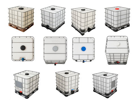 Large IBC tote container with protective metal cage and pallet base, used for storing and transporting industrial liquids or bulk materials in logistics and manufacturing