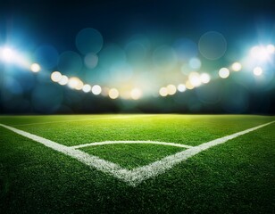 Obraz premium soccer or football field with green grass and bokeh lights