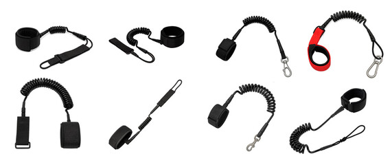 Set of coiled paddleboard safety leashes with adjustable ankle cuffs and durable tethers; each leash offers secure attachment for water sports and prevents board loss in active conditions