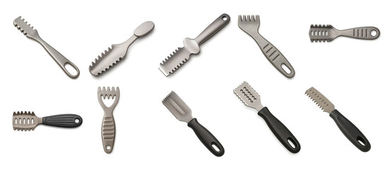 Collection of stainless steel fish scalers with various serrated teeth and ergonomic handles, designed for efficient fish descaling in kitchens and seafood preparation tasks